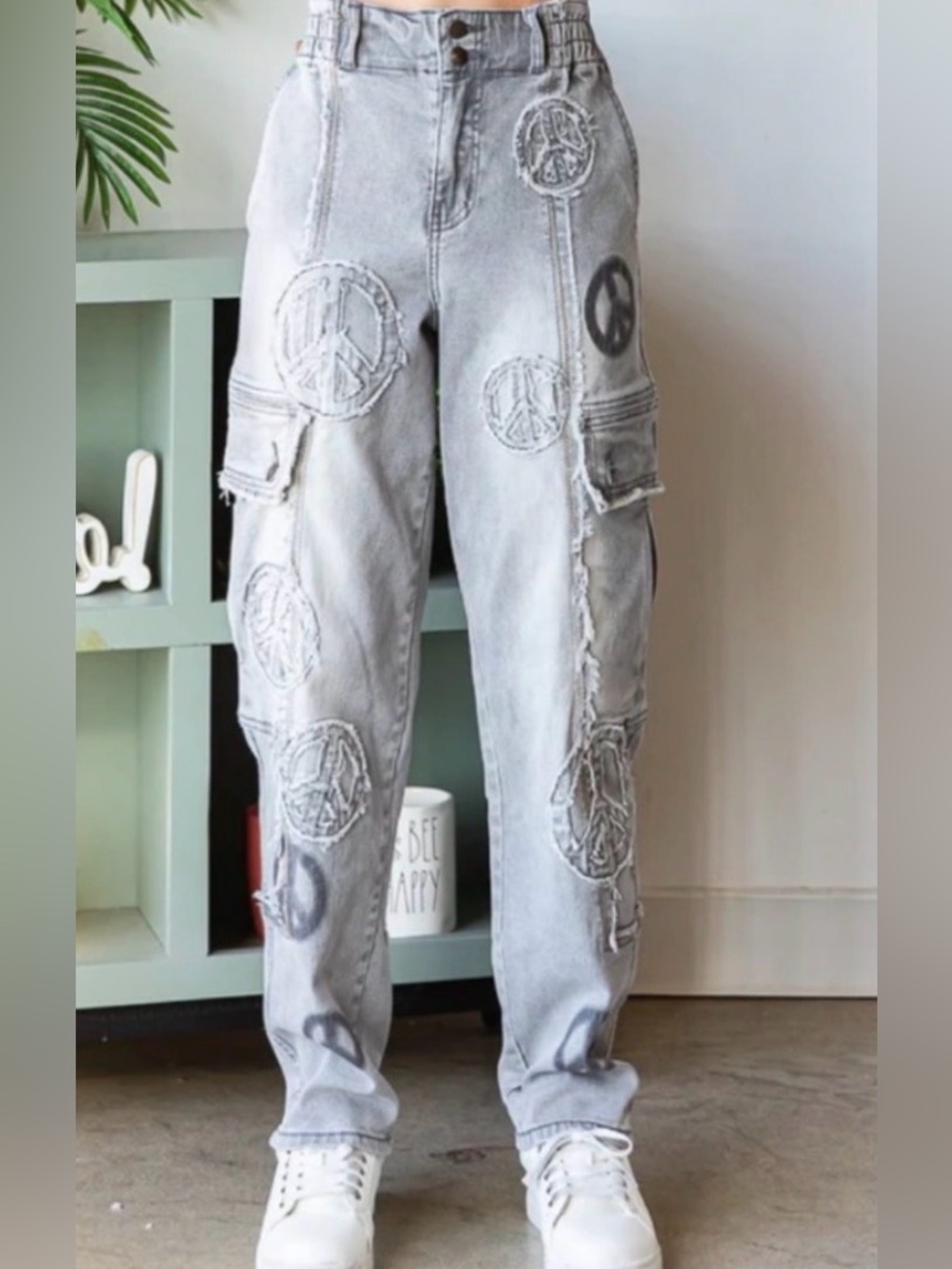 Oli & Hali Light Gray Peace Patch Cargo Jeans